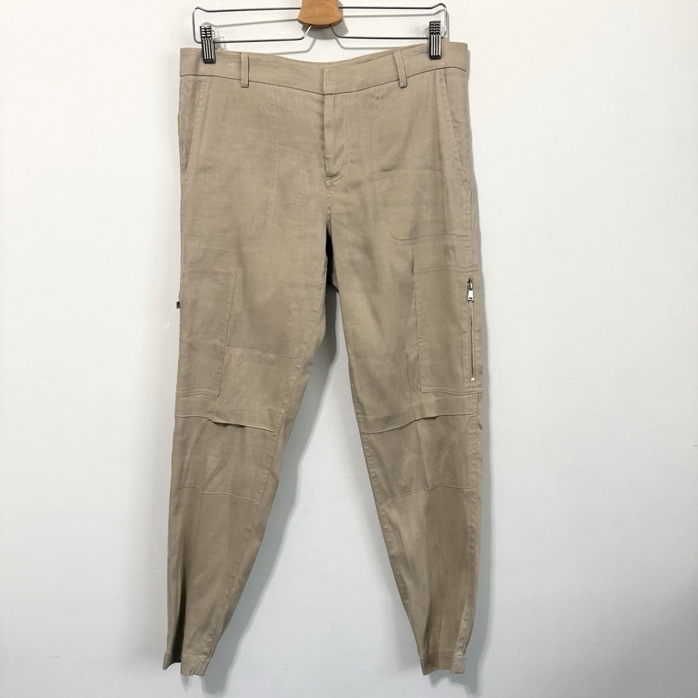 Vince Linen Blend Cargo Jogger‎ Pants 4 Khaki Designer Snap Pocket 32x28 Casual